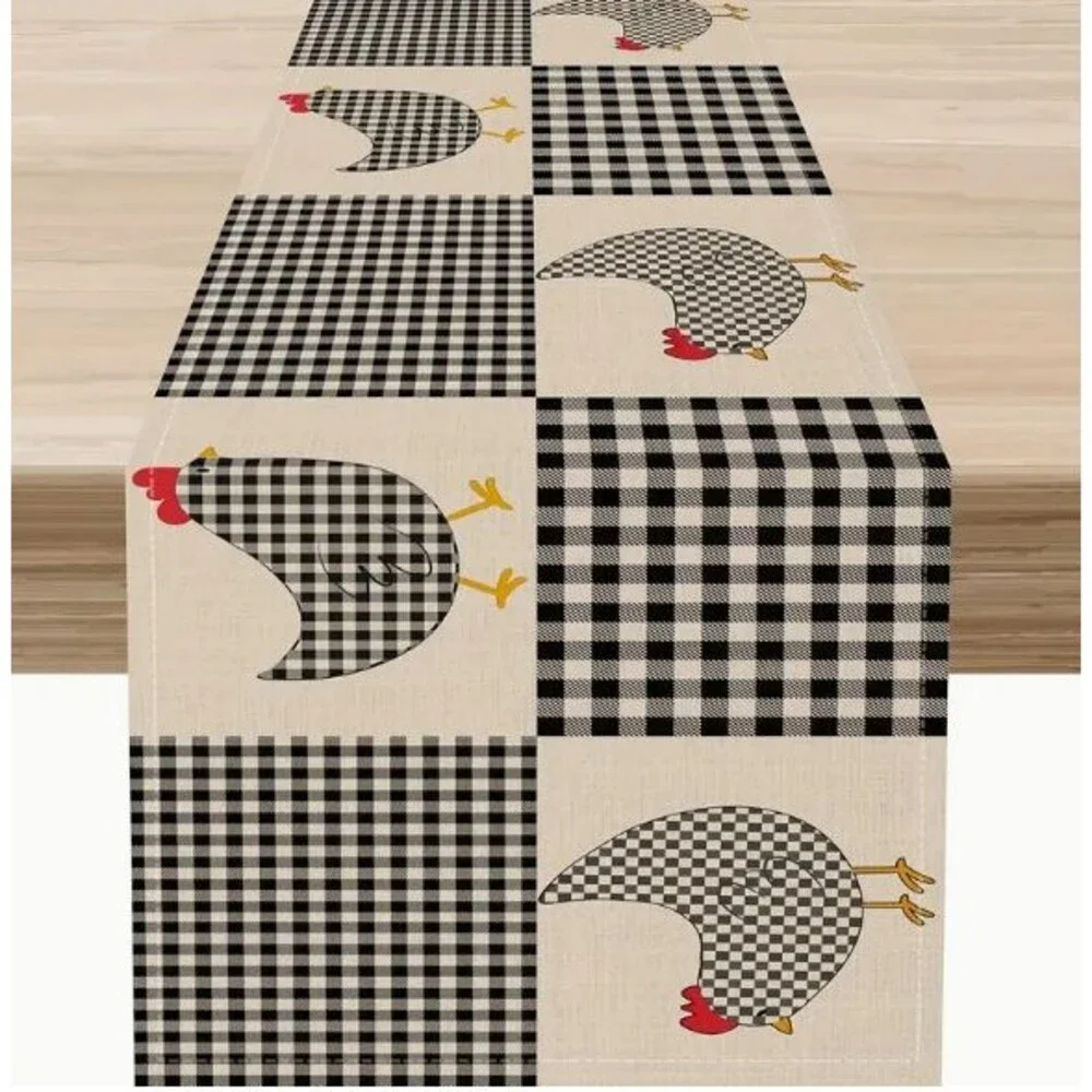 Chicken Table Runner 13x108in Linen Checkered Rustic Farmhouse